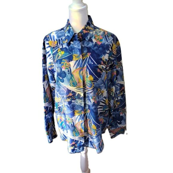 S.L.B. Ocean Tropical Fish Print Silk Blouse Blue Colorful Women's Size S - Picture 1 of 13